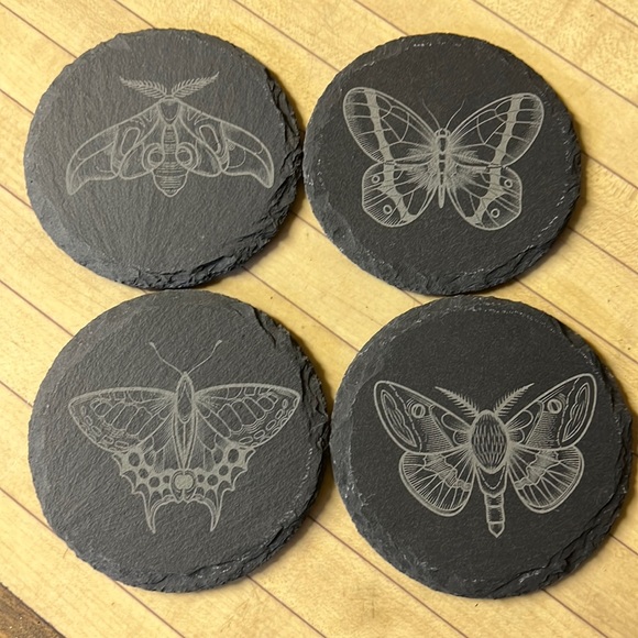 Other - Set of 4 Slate Coasters with engraving of Moths and Butterflies